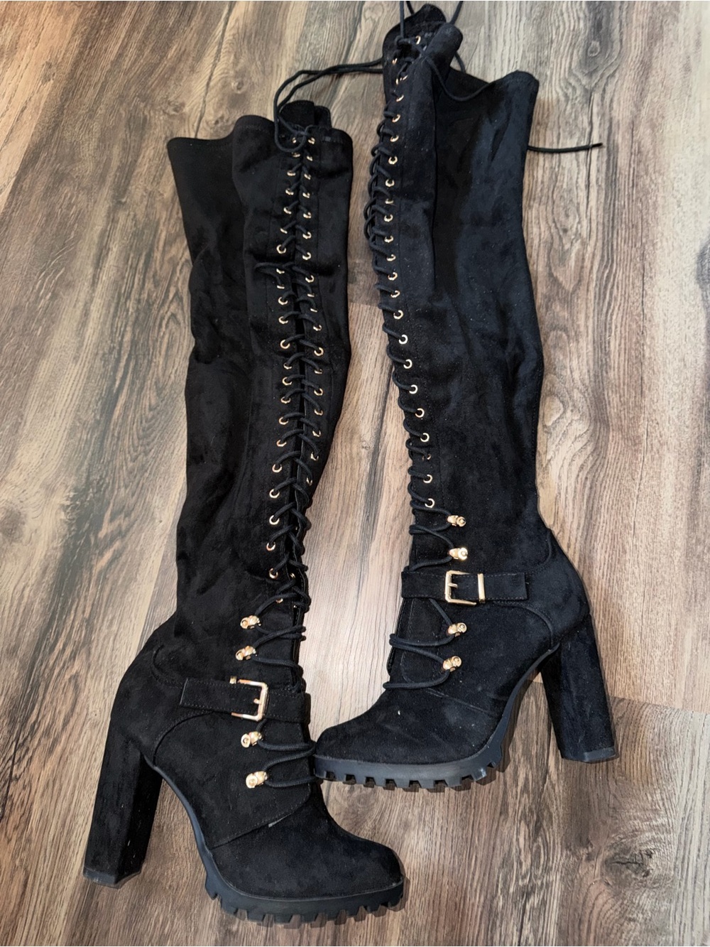 Shoe Dazzle Black Lace-Up Over-the-Knee Heeled Boots